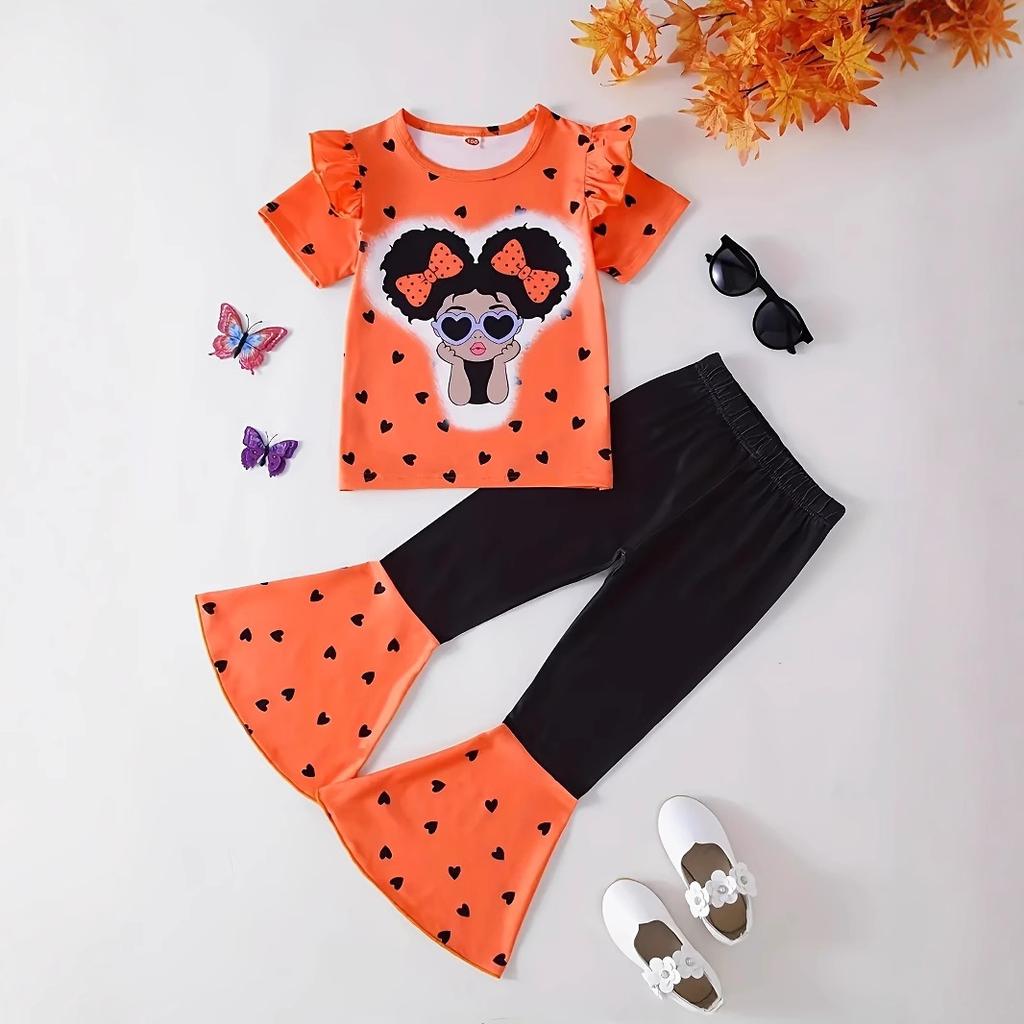 Summer Style Cartoon Girl Avatar Short-sleeved Tops Flared Trousers Suit for Infants and Young Girls