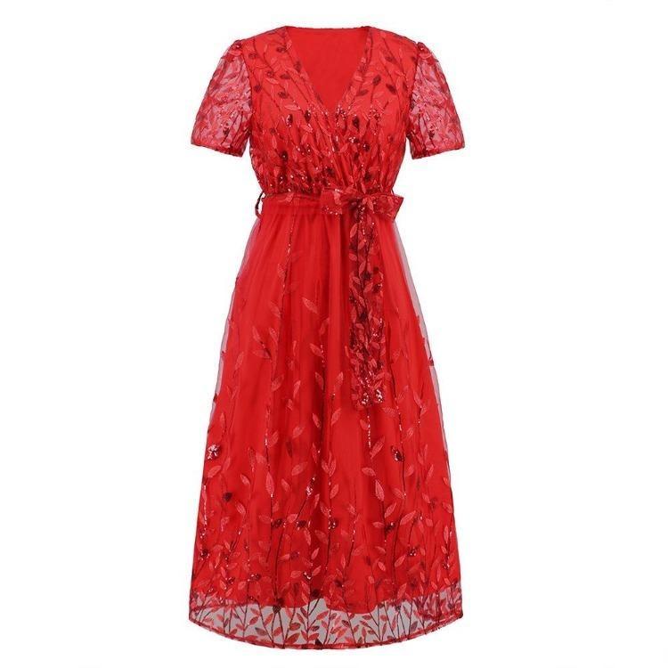 

Элегантное длинное платье с V-образным вырезом, кружевом и вышивкой, облегающего кроя, яркое, среднего и большого размера, для женщин S красный