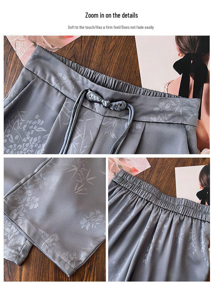 Women's Summer High-Waist Wide-Leg Ice Silk Pants - Chinese Style, Slimming, Plus Size, Casual and Breezy.