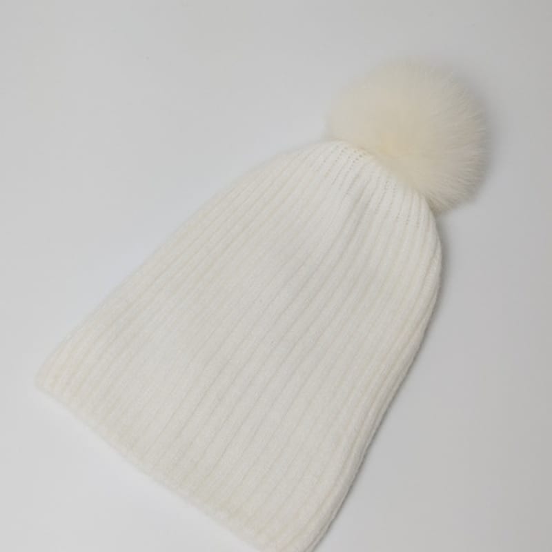 Maia Fox Fur Pom Pom Beanie Hat - Ivory