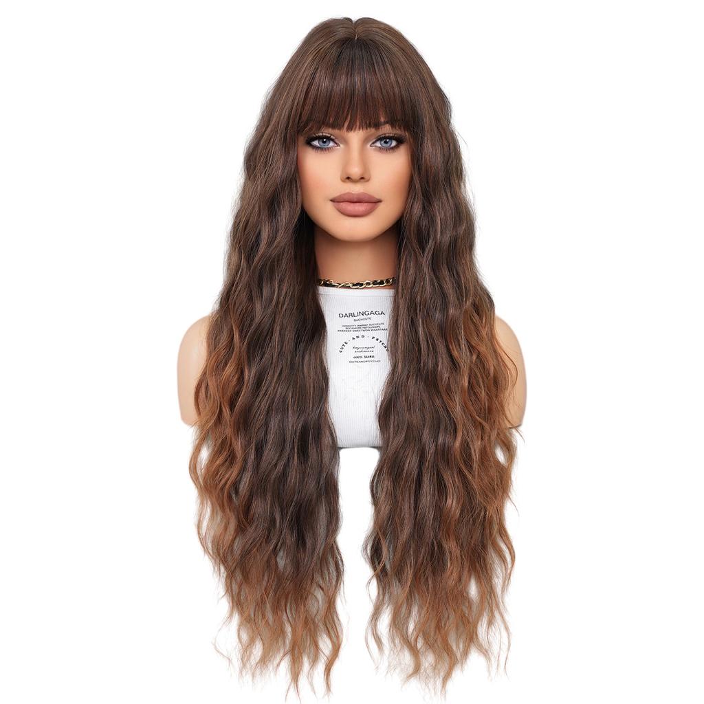 European and American Style Women's Brown Blonde Water Wave Long Wavy Wig Heat-Resistant Synthetic Full Wig
