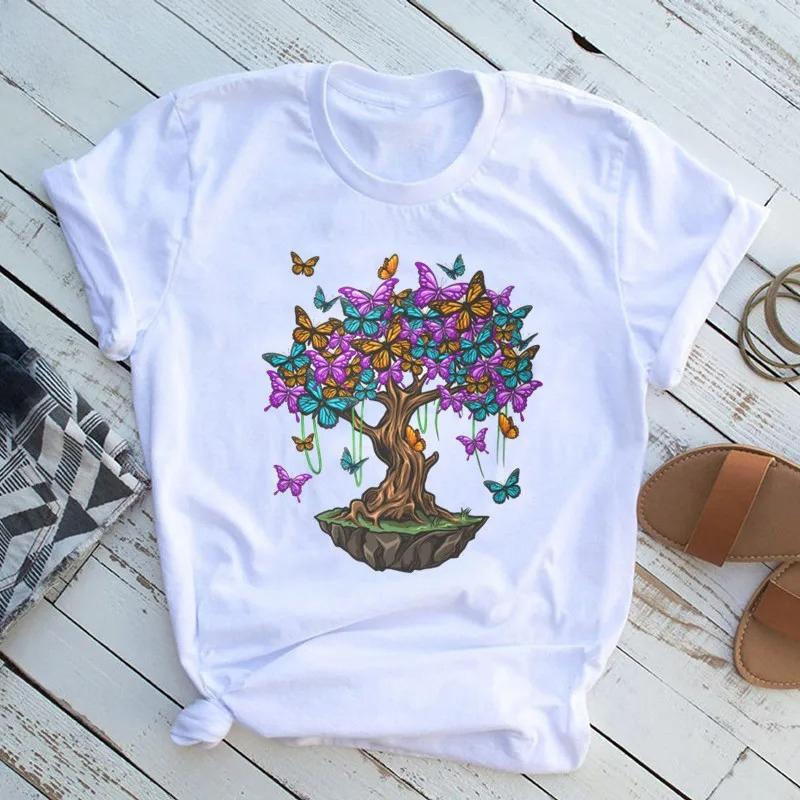 Unisexs Butterfly Tree Print Harajuku TShirt Round Neck Top Short Sleeve Casual Summer Tee ShirtDrop Ship