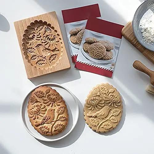 Wooden Biscuit Mold Portable Kitchen Wooden Gingerbread Cookie Molds Wood Color Rose Pine Cones Flowers Mould Baking Cake Tools