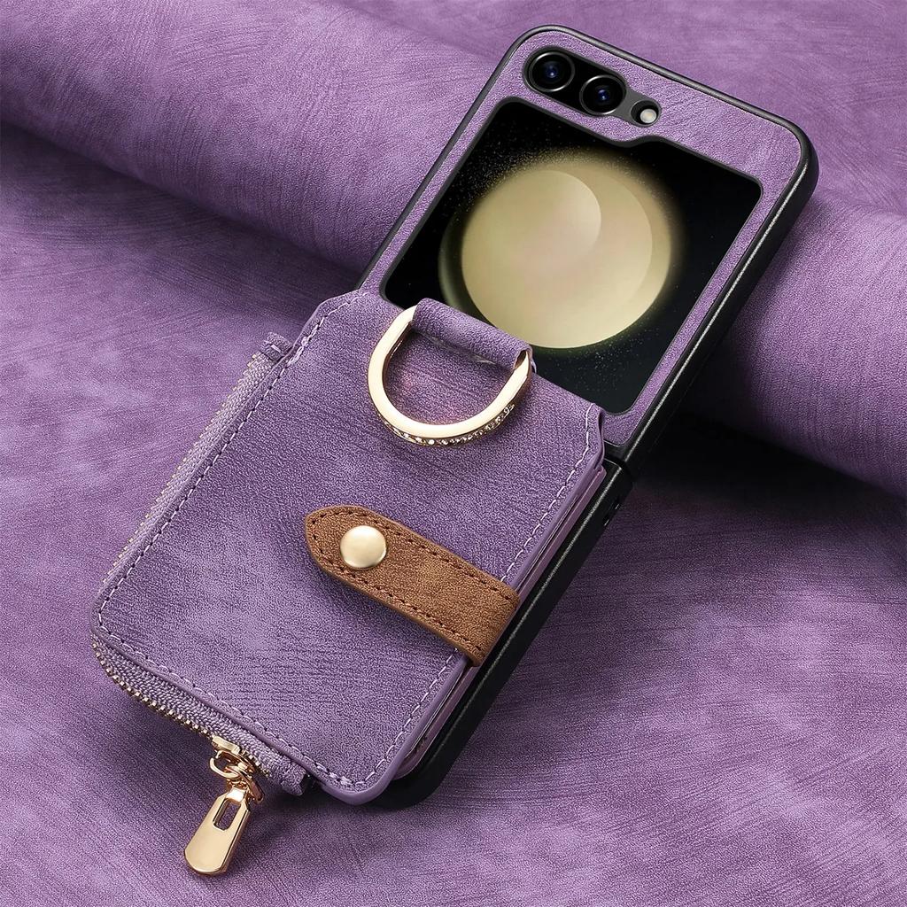 Zipper Cards Solt Purse Ring Holder Vintage Leather Wallet Case for Samsung Galaxy Z Flip 7 FE 6 5 4 5G Flip5 Bag Stand Cover