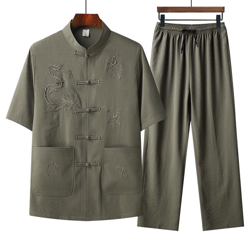 Men's Embroidered Short Sleeve Tang Suit - Loose Fit Dragon Set for Fathers and Seniors