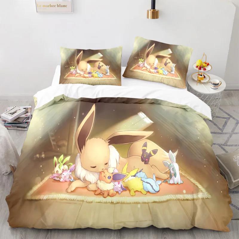 Tecknad Pokemon-inspirerad påslakan set Anime Pikachued Squirtled Eeveed Snorlaxed örngott täcke överdrag sängkläder set Enkel Twin King