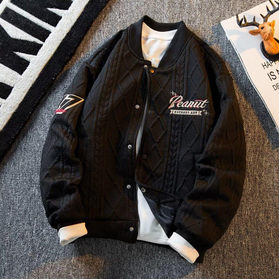 

Men s Spring and Autumn Thin Plus Size Round Neck Loose Solid Color Cardigan Embroidered Jacket Assault Baseball Jacket L