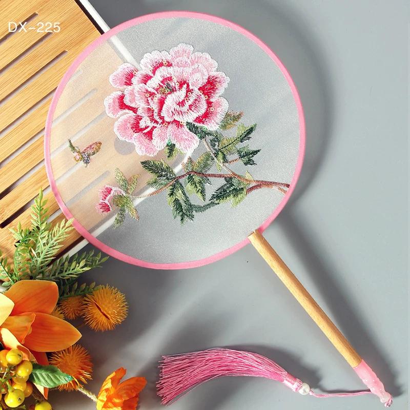 Antique Embroidery Circular Fan Chinese Style Cheongsam Fan Women's Double-Sided Embroidered Transparent round Long Handle Ancient Chinese Clothing