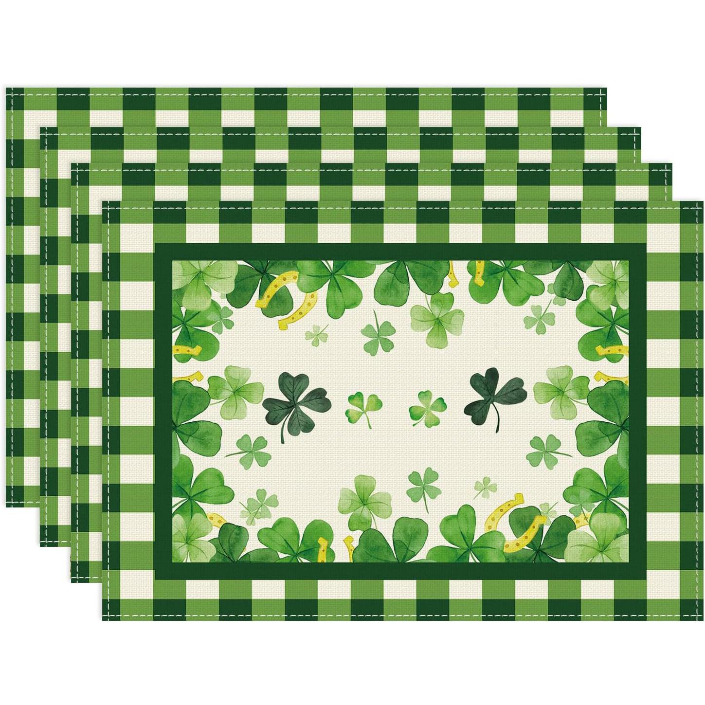 

4/6pcs Green Plaid Four-Leaf Clovers Shamrocks Horseshoes St. Patrick s Day Placemats for Party Home Kitchen Dining Table Decora 30x45cm-4PC