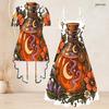 Women Plus Size Two Piece Set White Halloween Ghost Printed Short Sleeve Cardigan V Neck Strappy Flared Dress