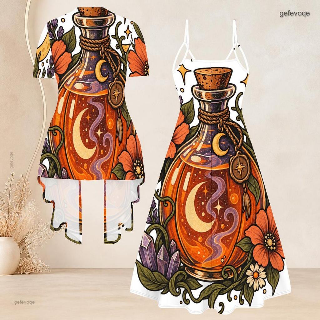 Women Plus Size Two Piece Set White Halloween Ghost Printed Short Sleeve Cardigan V Neck Strappy Flared Dress