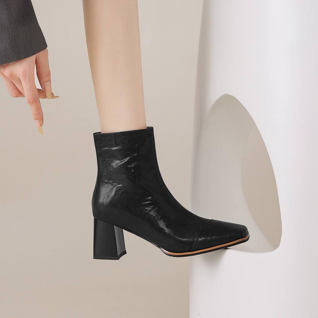 Krazing Pot Sheepskin Autumn Winter Shoes Thick High Heels Big Size 43 Modern Boots Square Toe Keep Warm Zip Pleated Design Ankle Boots