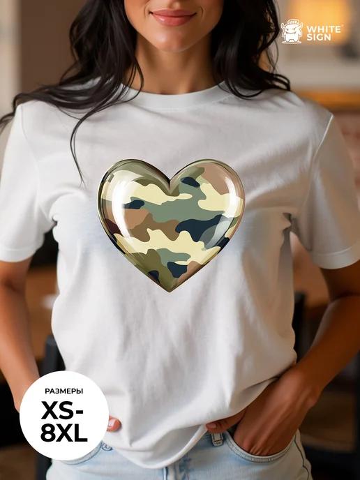 Plus-size oversized cotton T-shirt with  Heart  military-style print M