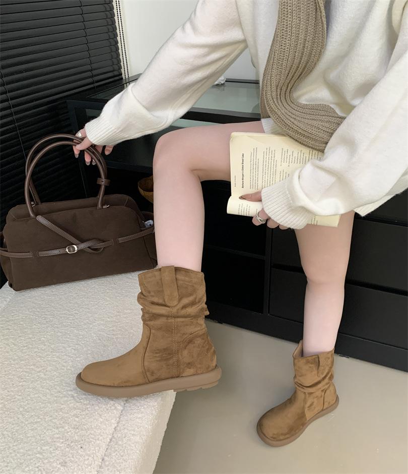 

2025 осень новые ретро универсальные на плоской подошве западные короткие сапоги ленивый ветер рукав круглый носок сапоги на наборном каблуке 39