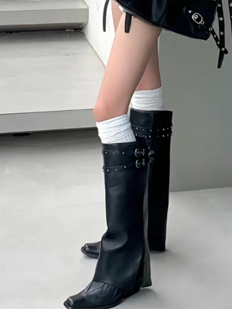 

Вышитая пряжка ремня Spice Girls Брюки Ботинки Женские Новые Толстый каблук Узкие Ковбойские сапоги в западном стиле 40 чёрный