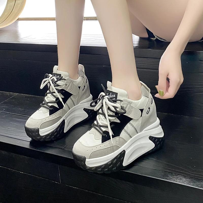 Fashion Women Platform Casual Breathable Leather Shoes New Autumn Chunky Sneakers 10.5CM Wedges Hidden Heels Leisure Sports Shoes Woman