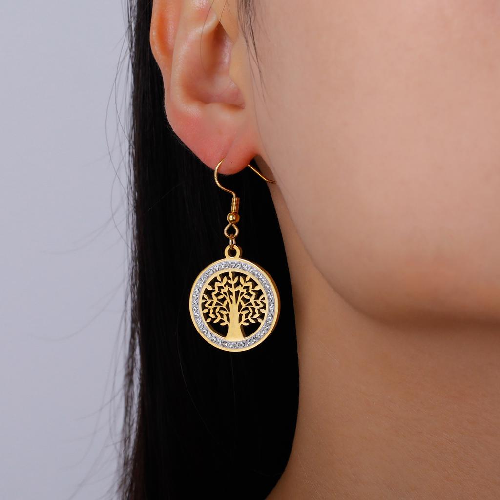 Tree of Life Women's Earrings Stainless Steel Gold Clear Zircon Round Pendant Dangle Earring Amulet Jewelry Gift