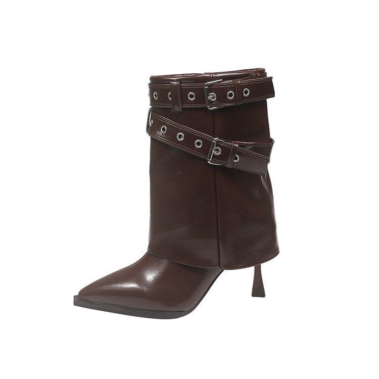 White British Style Pointed Head Thick High-heeled Short Boots Women's 2025 New Autumn with Skirt Height-increasing and Thin Trouser Tube Boots