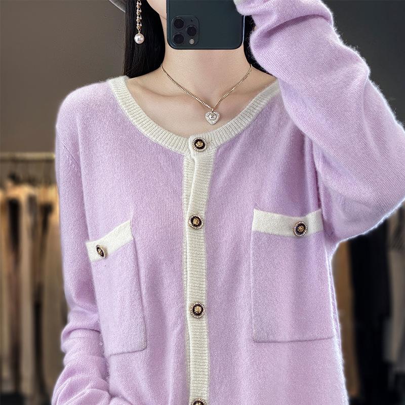 Round Neck Wool Short-sleeved Knitted Cardigan for Women In Spring and Autumn New Fashionable Color-blocking Temperament Jacket Top