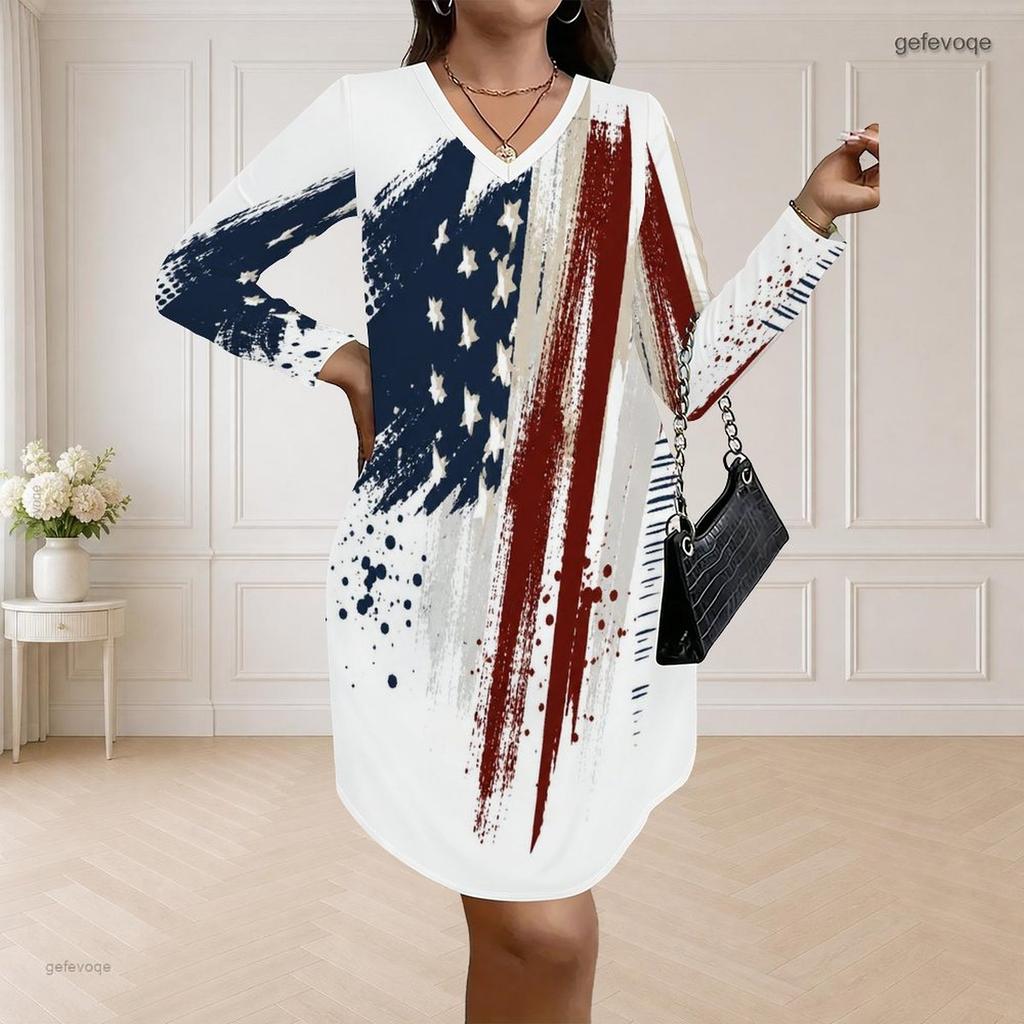 Women Plus Size V Neck Long Sleeve American Flag Printed Loose Curved Hem Dress