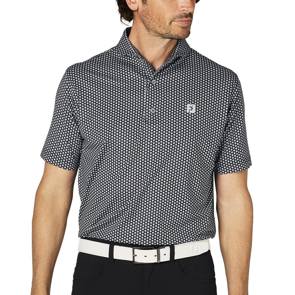 FootJoy Men's Black Geometric Print Short Sleeve Wide Collar Golf Shirt, Size M (FJ-S25-S12, 34527-M)