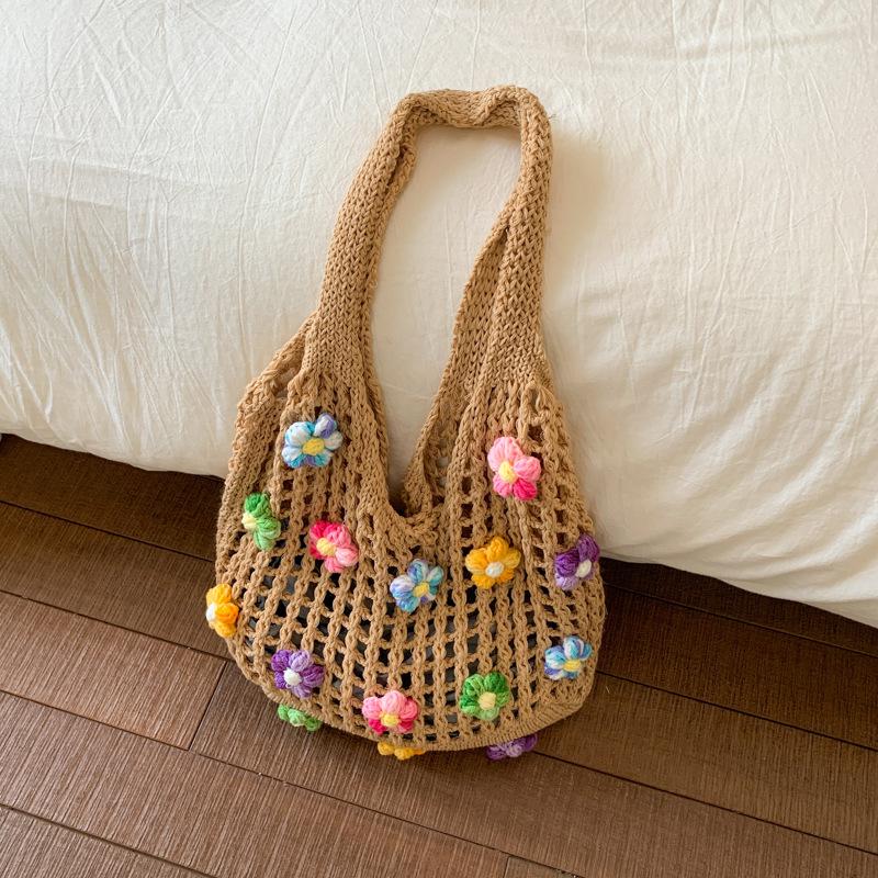 Large capacity high-end flower tote bag women's new summer fashion hollow woven shoulder bag