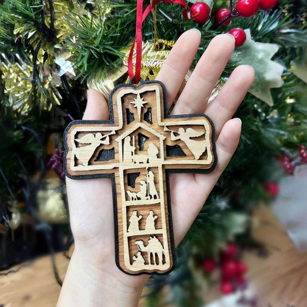 Christmas Multilayer Cross Pendants Decorated Wooden Decorations Party Gifts