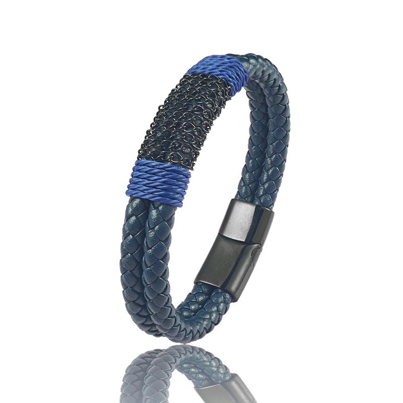 

Punk Style Men Leather Bracelet Blue Braided Chain Combination Stainless Steel Clasp Wristband Jewelry Gift for Boyfriend 20.5cm синий