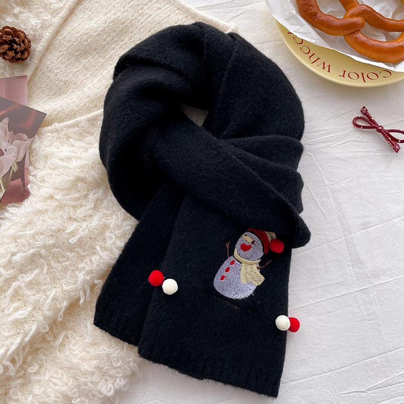 

Милый рождественский снеговик с вязаным шерстяным шарфом для мужчин и женщин, утолщенный шарф для создания новогодней атмосферы зимой чёрный