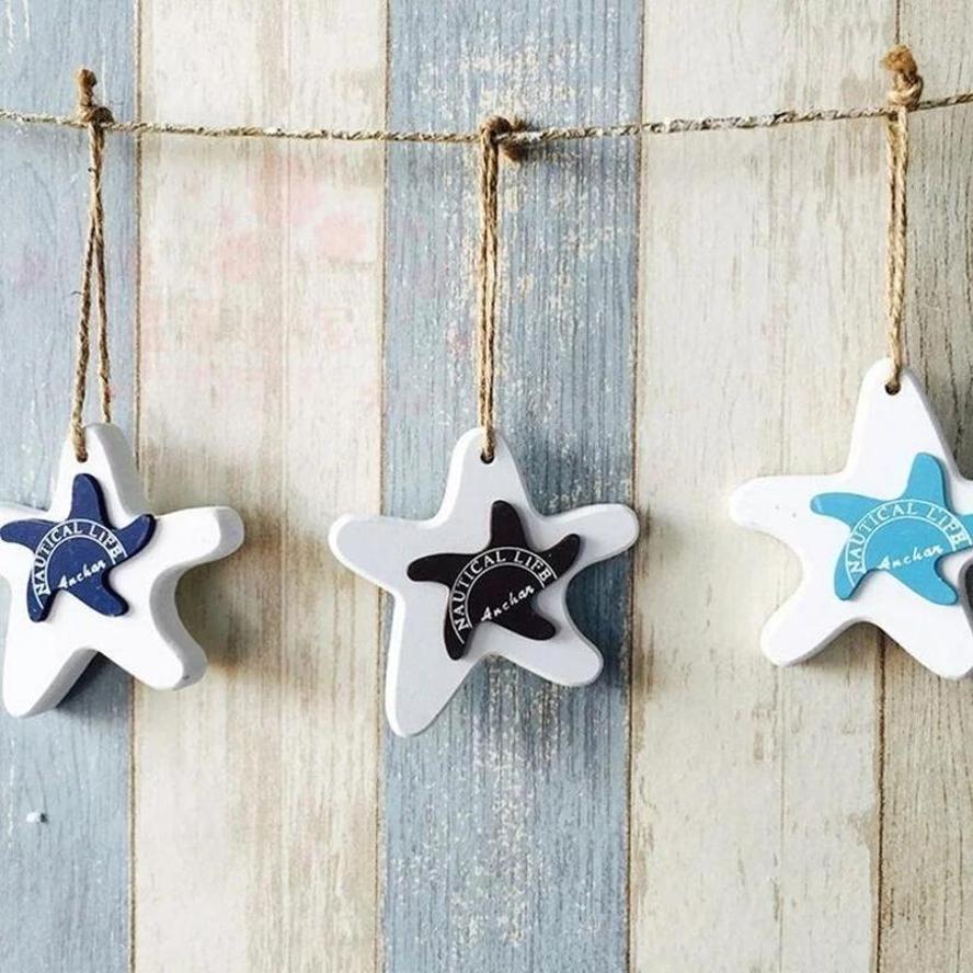 1 Pcs Marine Style DIY Home Decorative Wooden Small Fish Seahorse String Wall Hangings Starfish Dolphin Pendant Random Color