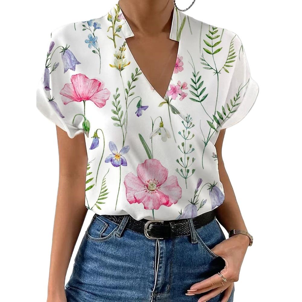 GMXIA Dámská móda Ležérní letní halenky a košile s květinovým potiskem s krátkým rukávem a výstřihem do V