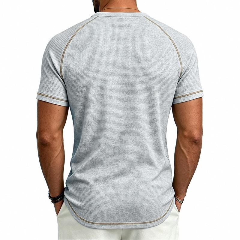 Mens Waffle Henley Collar Raglan Short Sleeve Color Block Casual T Shirt