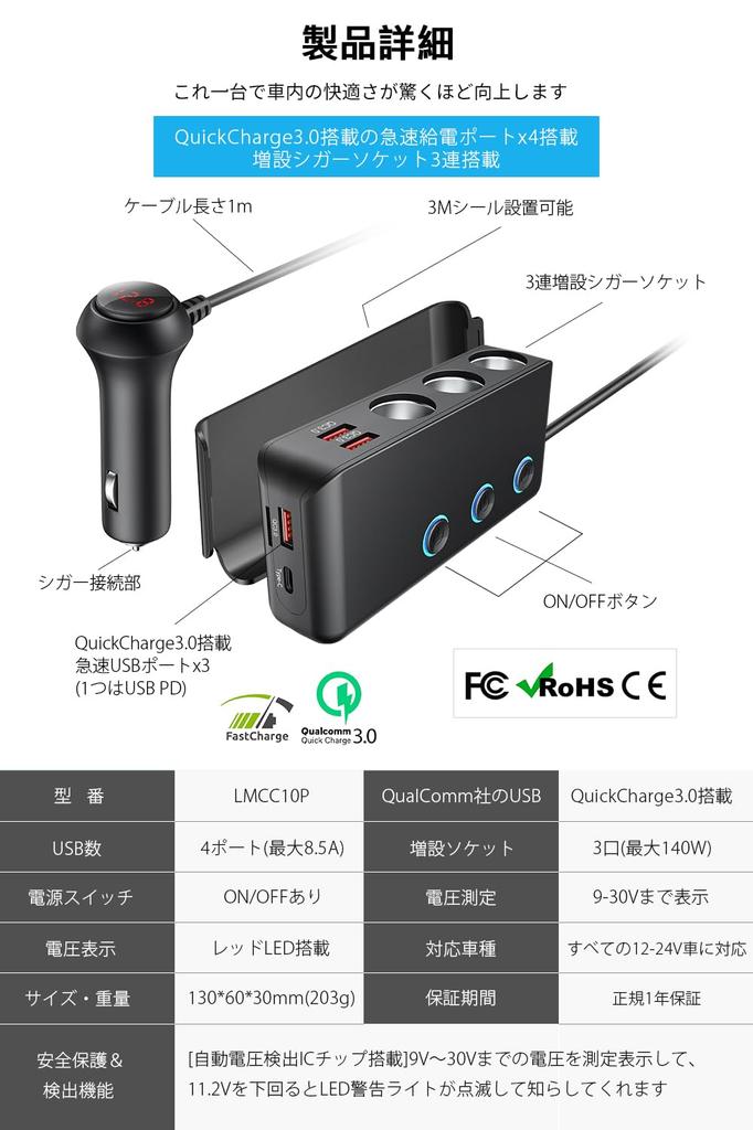 OOWOLF Cigarette Lighter Socket, 3 Row Expansion Socket, Black