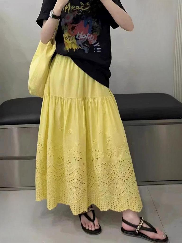 Elastic Waist Hollow-Out Slimming A-line Mid-Length Skirt for Women - Spring 2026, High Waist, Japanese Korean Casual Style