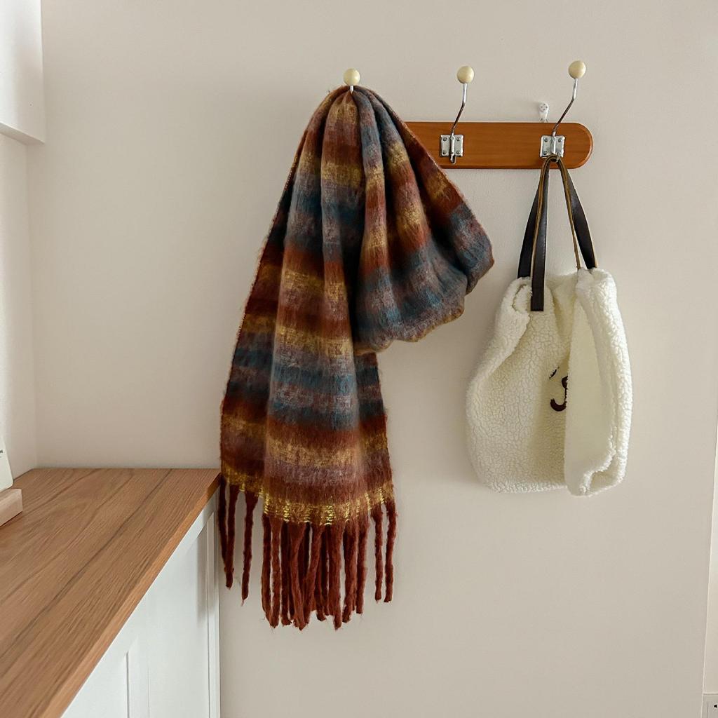 Tonglu Women's Mohair Winter Scarf: Black & White Plaid, High-End, Thick & Warm Neck Warmer