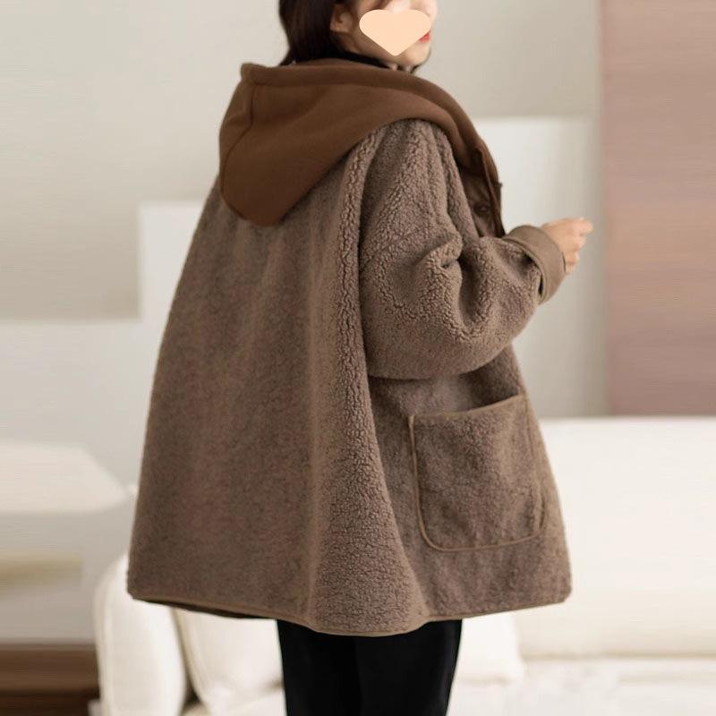 Lamswol Fleece Capuchon Katoenen Gevoerde Jas Jas Herfst Winter Dames Kleding Patchwork Oversize Warme Nep Twee Stukken Sweatshirt