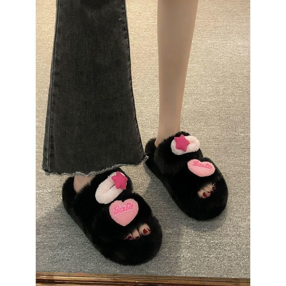 High-value thick-bottomed fried street rabbit hair cute plush cotton towed fluffy slippers women wear Xiaoxiang