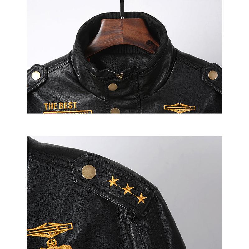 Retro Plus Velvet Military Uniform Men's Leather Bomber Leather Jacket Slim Stand-up Collar PU Casual Plus Size Motorcycle Suit