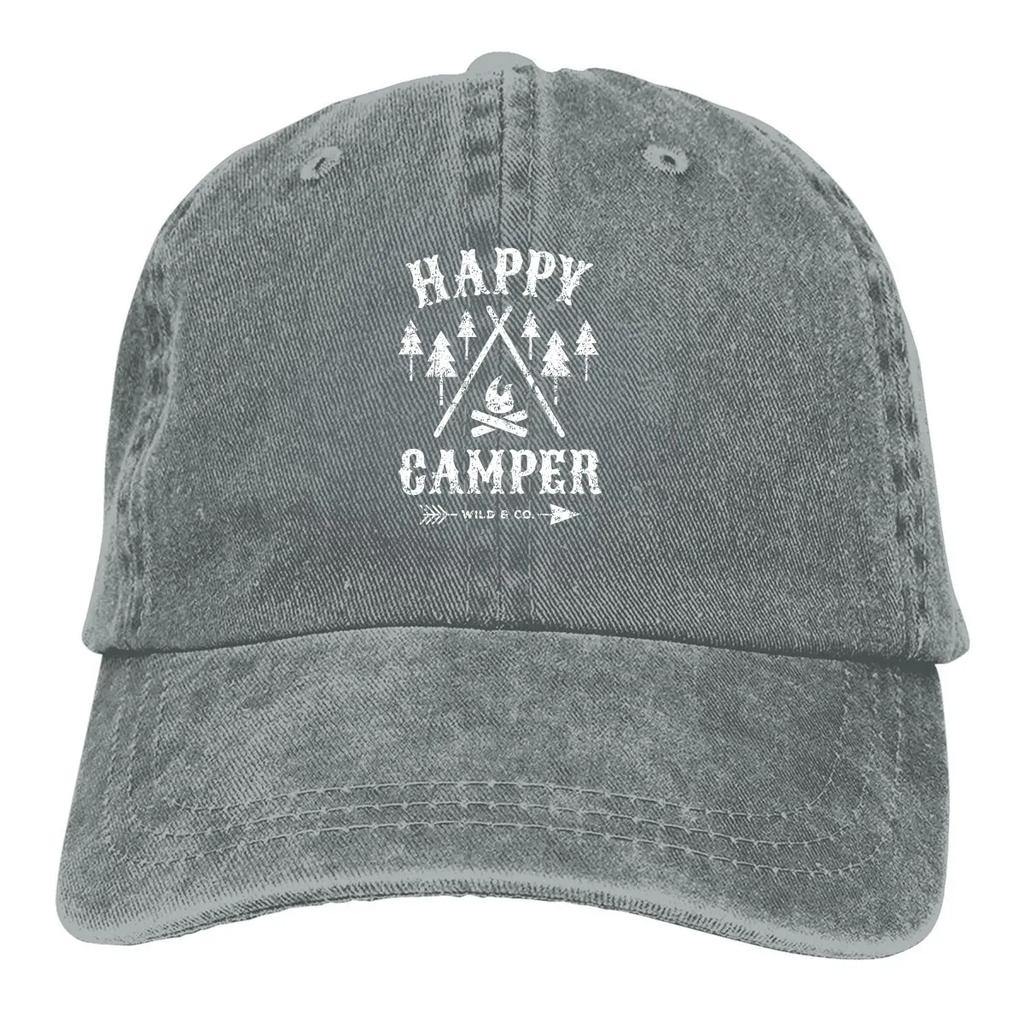 Happy Camper Distressed White Baseball Caps Peaked Cap Camper Camping Sun Shade Hats for Men
