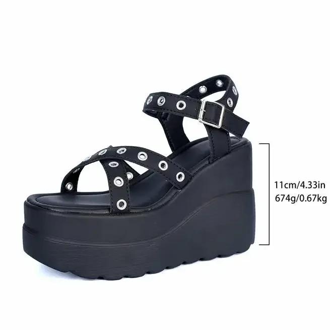 

Модные 11 см Летние женские босоножки на танкетке Удобные с закрытым носком Ремешок с пряжкой на щиколотке Панк каблуки Женские гладиаторские туфли на платформе для вечеринки 42