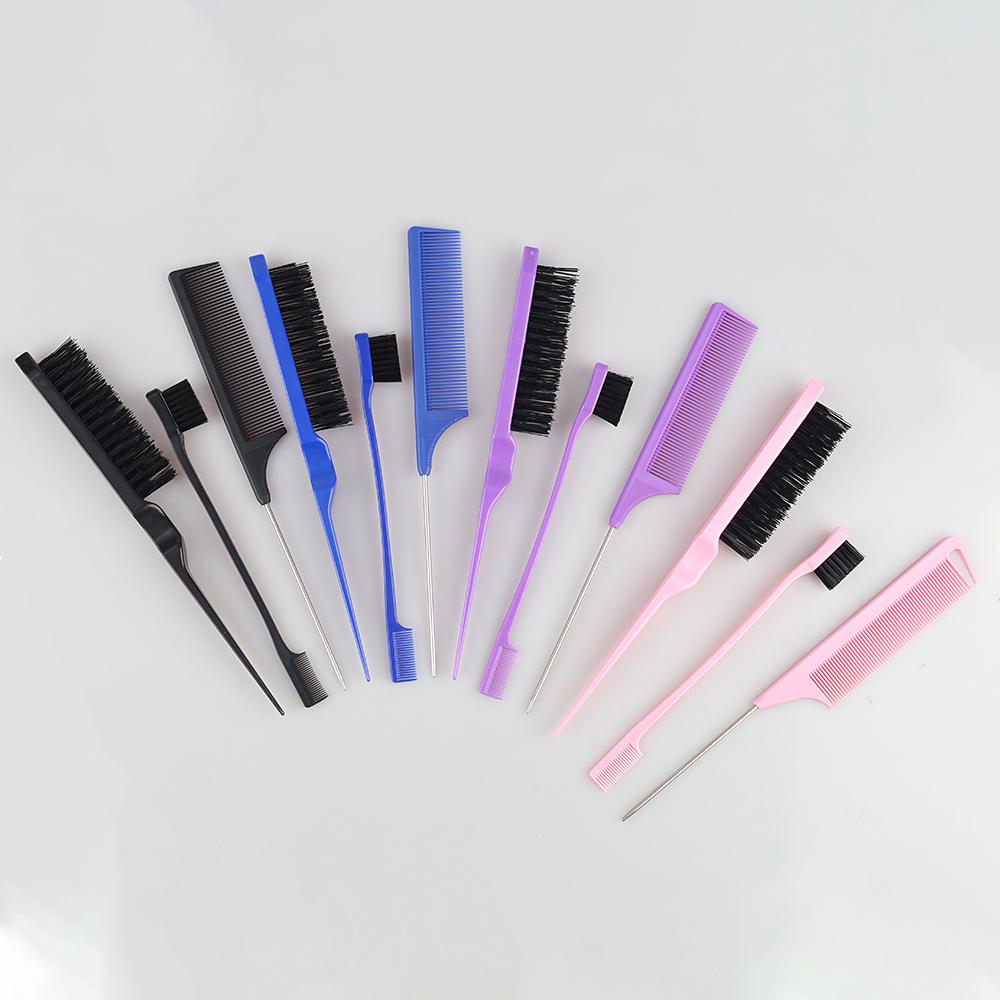 3 Pcs Professional Hair Styling Comb Set: Metal Pin Rat Tail Comb, Teasing Brush & Double-Ended Edge Eyebrow Brush for Salon & Home Hair Braiding, Sty