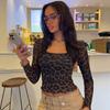 European and American Women's Summer New Leopard Print Mesh Double-layer Patchwork Fashionable Long-sleeve Slim-fit T-shirt
