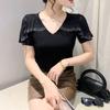 New Summer Streetwear Girl Chic Ruffled Hot Diamonds T-Shirt Fashion V-Neck Short Sleeve Mesh Tops Women's Tees Clothes Blouse