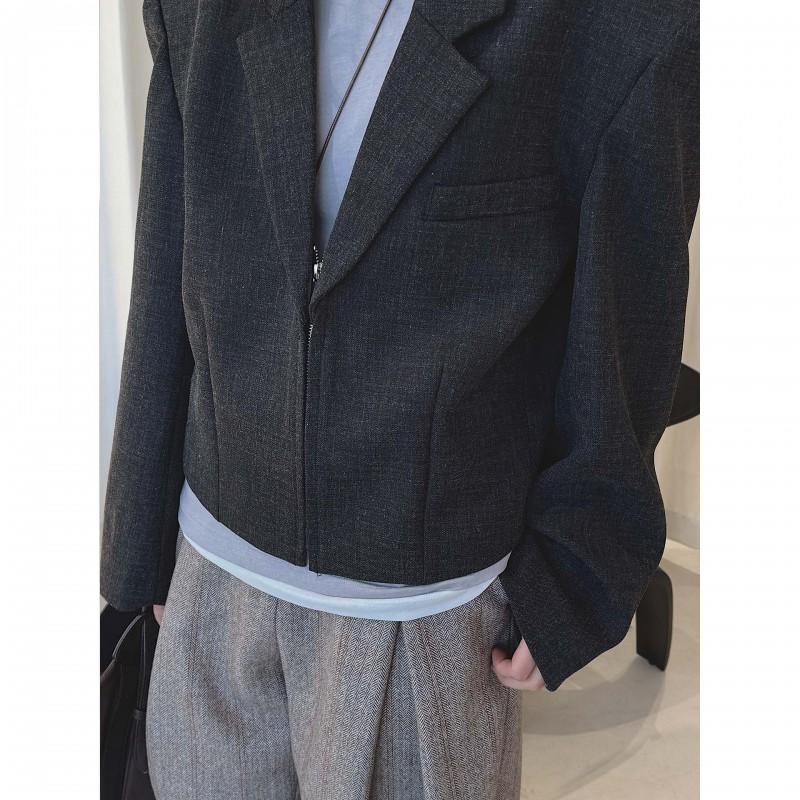 Womens Short Blazer 2025 Solid Color Zip Front Shoulder Pad Split Line Casual Jacket