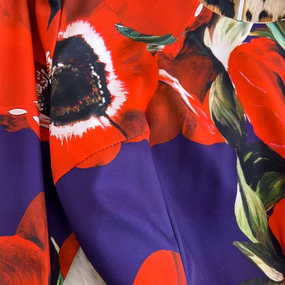 Summer Runway Fashion Rose Flower Print Bodycon Dress Women Holiday O-Neck 3/4 Sleeve Elegant Split Midi Party Dresses