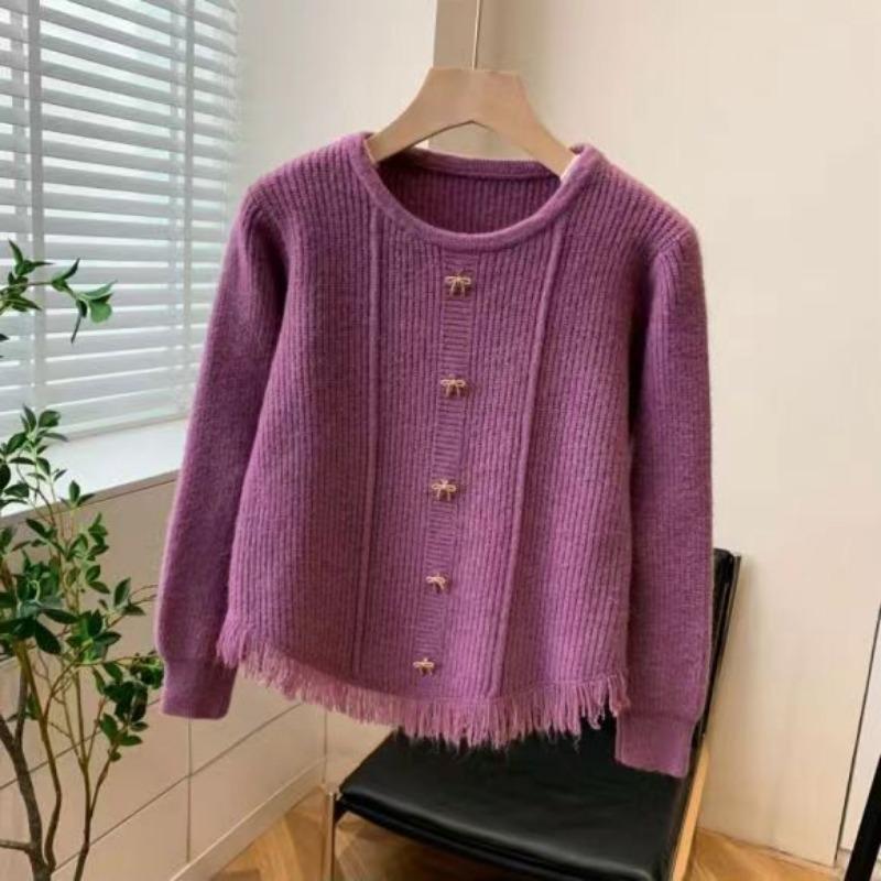 Short Long Sleeved Sweater Top for Women with Spring and Autumn Tassel Design Loose Knit Base Sweater