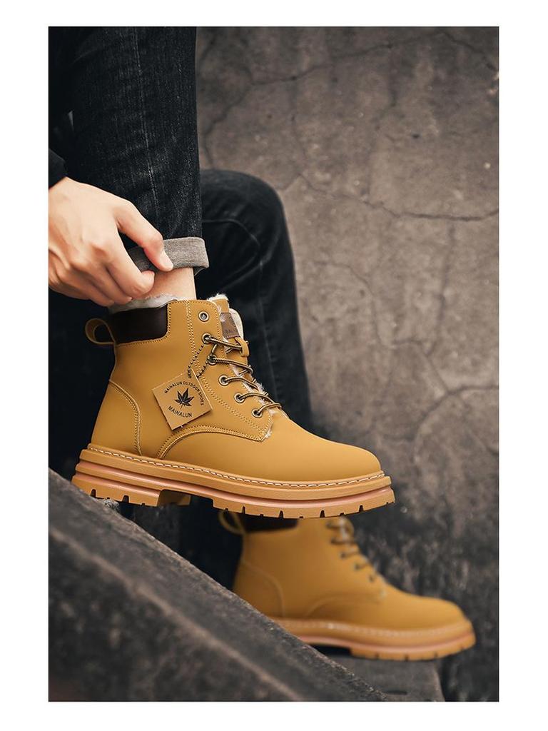 Men's Large Size Snow Boots, Winter Warm, Plus Velvet, Yellow, Thick Sole, Height-Increasing