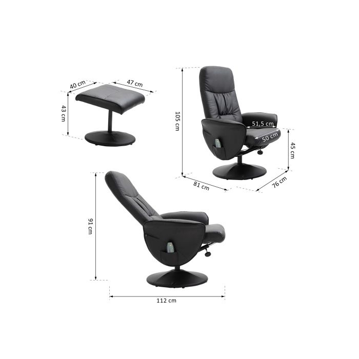 Chaise Longue - MUVOE - HOMCOM - Black Faux Leather - 10 Massage Points - Adjustable Backrest