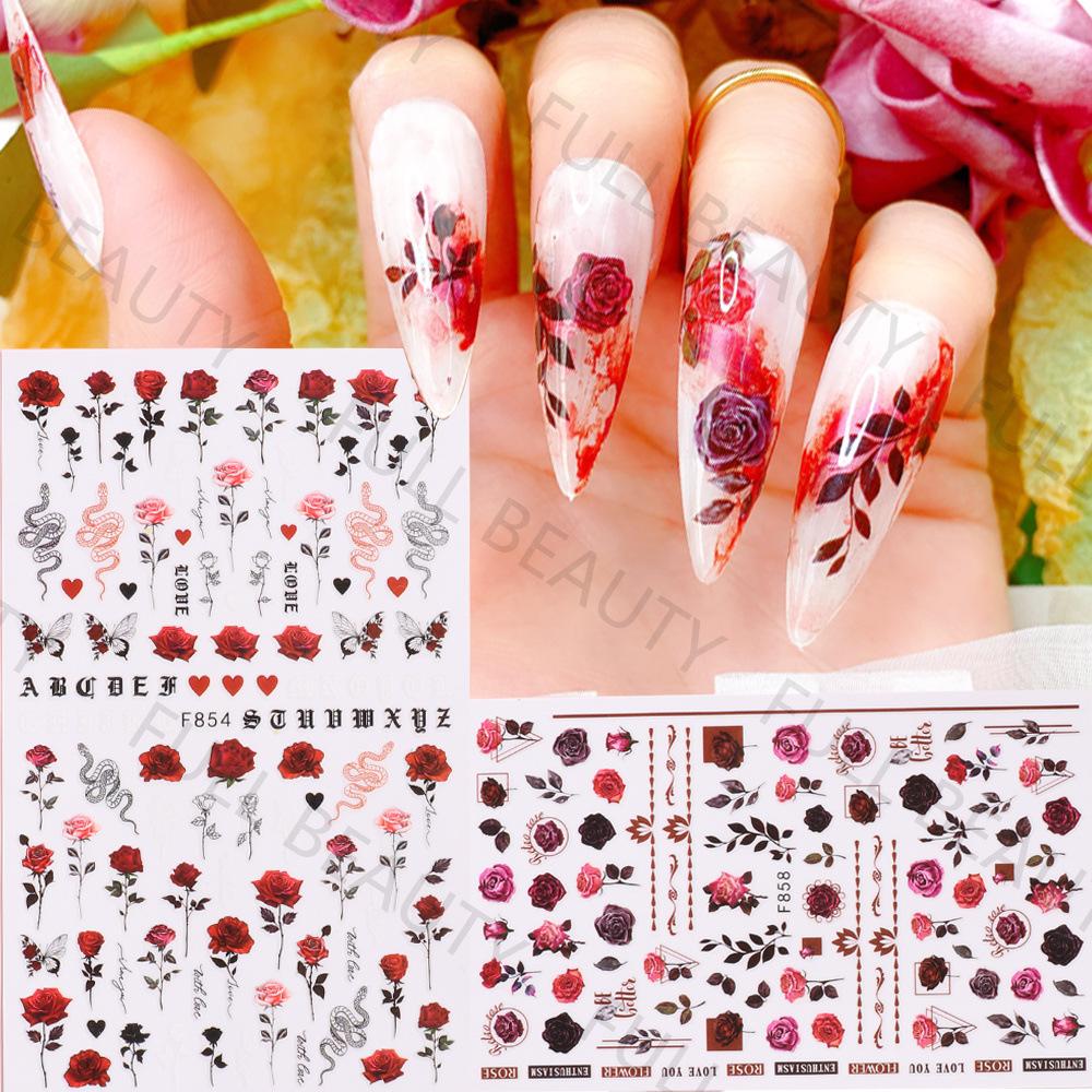 Nail Art Stickers Ins Spring Rose Flowers Valentine's Day Adhesive Nails 3D Decals