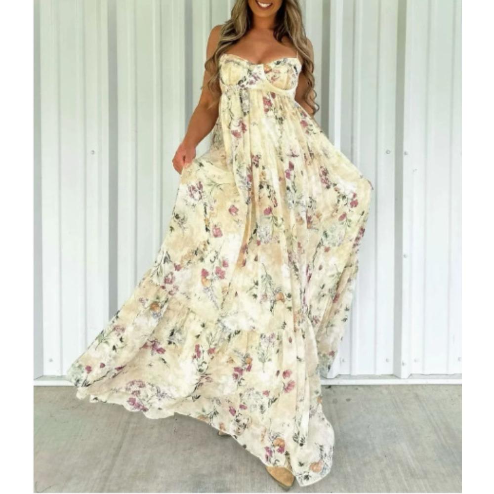 Europe, America, Summer, Printed Sleeveless Backless Temperament Elegant Suspender Dress Women's Clothing
